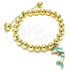 Pulsera Bolo Ajustable 03.63.2035.3.08 Oro Laminado, Diseño de Delfín y Bola, con Blanca Cristal, Esmaltado Turquesa, Tono Dorado (08 MM Thickness, 8 Inches Length)