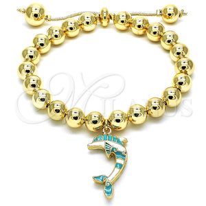 Pulsera Bolo Ajustable 03.63.2035.3.08 Oro Laminado, Diseño de Delfín y Bola, con Blanca Cristal, Esmaltado Turquesa, Tono Dorado (08 MM Thickness, 8 Inches Length)