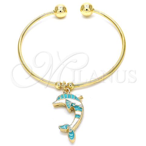 Aro Individual 07.63.0205.1 Oro Laminado, Diseño de Delfín, con Blanca Cristal, Esmaltado Turquesa, Tono Dorado (02 MM Thickness, One size fits all)