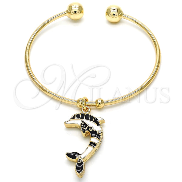 Aro Individual 07.63.0205.2 Oro Laminado, Diseño de Delfín, con Blanca Cristal, Esmaltado Negro, Tono Dorado (02 MM Thickness, One size fits all)
