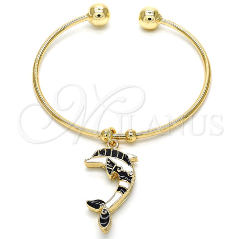 Aro Individual 07.63.0205.2 Oro Laminado, Diseño de Delfín, con Blanca Cristal, Esmaltado Negro, Tono Dorado (02 MM Thickness, One size fits all)