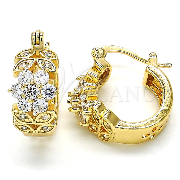 Argolla Pequeña 02.210.0272.15 Oro Laminado, Diseño de Flor y Oja, con Blanca Zirconia Cubica, Pulido, Tono Dorado