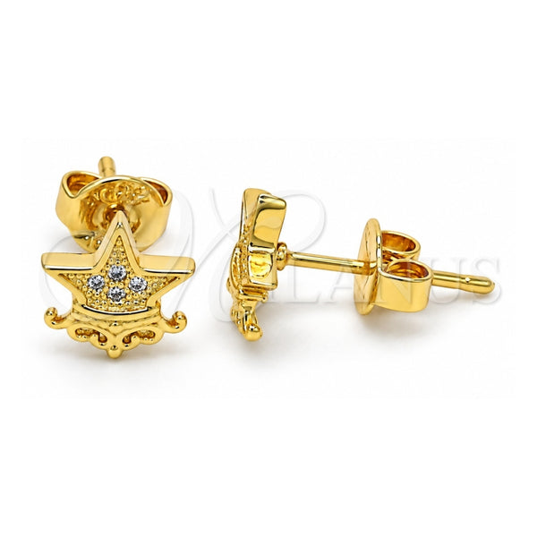 Arete Dormilona 02.156.0307 Oro Laminado, Diseño de Estrella y Corona, con Micro Pave Blanca, Pulido, Tono Dorado