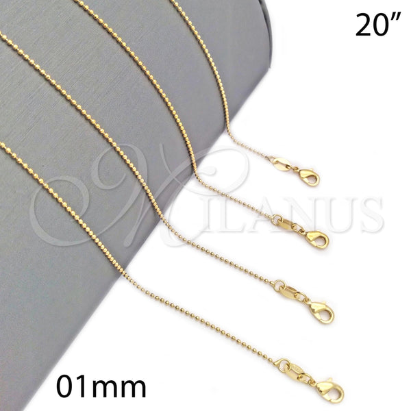 Gargantilla Basica 04.32.0014.20 Oro Laminado, Diseño de Bola, Pulido, Tono Dorado (01 MM Thickness, 20 Inches Length)
