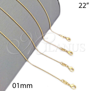 Gargantilla Basica 04.32.0014.22 Oro Laminado, Diseño de Bola, Pulido, Tono Dorado (01 MM Thickness, 22 Inches Length)