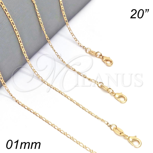 Gargantilla Basica 04.32.0015.20 Oro Laminado, Diseño de Figaro, Pulido, Tono Dorado (01 MM Thickness, 20 Inches Length)