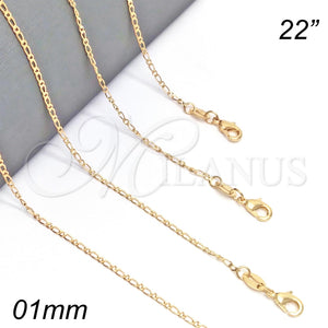 Gargantilla Basica 04.32.0015.22 Oro Laminado, Diseño de Figaro, Pulido, Tono Dorado (01 MM Thickness, 22 Inches Length)