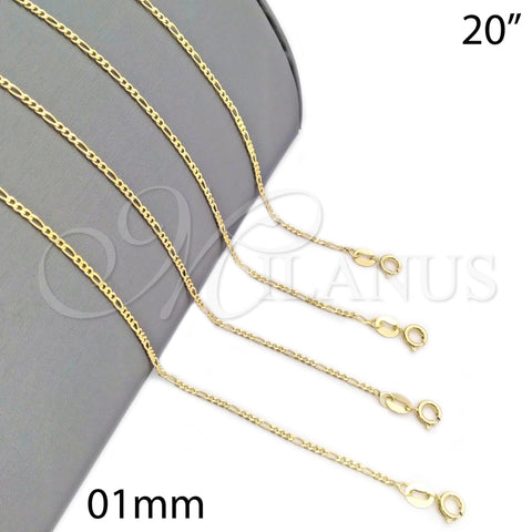 Gargantilla Basica 04.32.0016.20 Oro Laminado, Diseño de Figaro, Pulido, Tono Dorado (01 MM Thickness, 20 Inches Length)