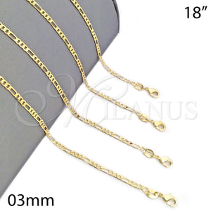Gargantilla Basica 04.32.0017.18 Oro Laminado, Diseño de Figaro, Pulido, Tono Dorado (03 MM Thickness, 18 Inches Length)