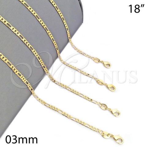 Gargantilla Basica 04.32.0017.18 Oro Laminado, Diseño de Figaro, Pulido, Tono Dorado (03 MM Thickness, 18 Inches Length)