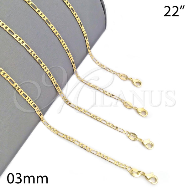Gargantilla Basica 04.32.0017.22 Oro Laminado, Diseño de Figaro, Pulido, Tono Dorado (03 MM Thickness, 22 Inches Length)