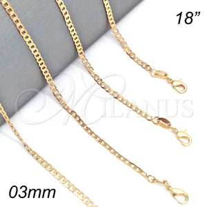 Gargantilla Basica 04.32.0018.18 Oro Laminado, Diseño de Cubana Pave, Pulido, Tono Dorado (03 MM Thickness, 18 Inches Length)