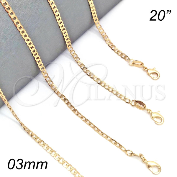 Gargantilla Basica 04.32.0018.20 Oro Laminado, Diseño de Cubana Pave, Pulido, Tono Dorado (03 MM Thickness, 20 Inches Length)
