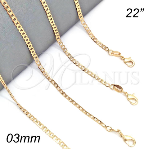 Gargantilla Basica 04.32.0018.22 Oro Laminado, Diseño de Cubana Pave, Pulido, Tono Dorado (03 MM Thickness, 22 Inches Length)