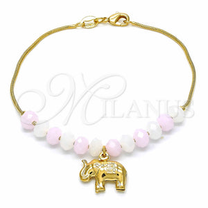 Pulsera de Dije 03.32.0221.07 Oro Laminado, Diseño de Elefante y Snake, con Blanca and Rosado Opal, Pulido, Tono Dorado (7 Inches Length)