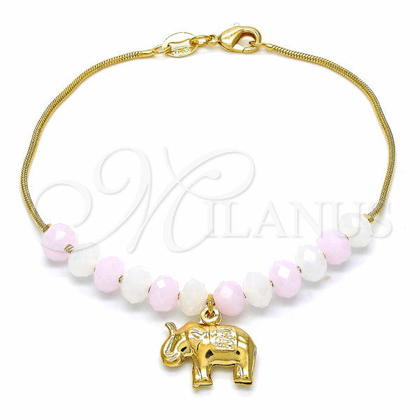 Pulsera de Dije 03.32.0221.07 Oro Laminado, Diseño de Elefante y Snake, con Blanca and Rosado Opal, Pulido, Tono Dorado (7 Inches Length)