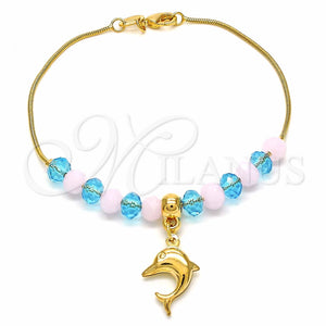 Pulsera de Dije 03.32.0222.07 Oro Laminado, Diseño de Delfín y Snake, con Rosado Opal and Aguamarina Cristal, Pulido, Tono Dorado (7 Inches Length)