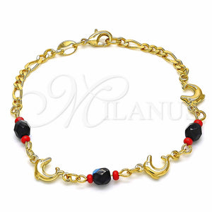 Pulsera Elegante 03.32.0224.07 Oro Laminado, Diseño de Delfín y Figaro, con Negro and Rojo Naranja Azavache, Pulido, Tono Dorado (7 Inches Length)