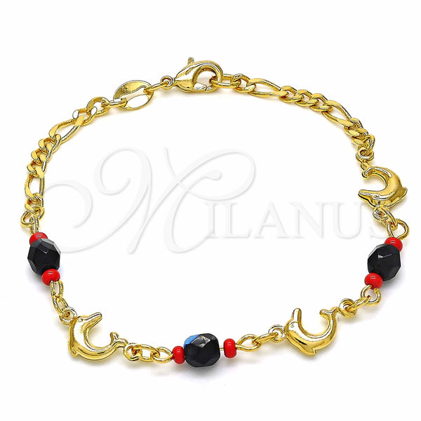 Pulsera Elegante 03.32.0224.07 Oro Laminado, Diseño de Delfín y Figaro, con Negro and Rojo Naranja Azavache, Pulido, Tono Dorado (7 Inches Length)