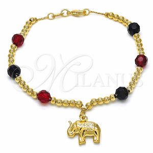 Pulsera de Dije 03.32.0228.07 Oro Laminado, Diseño de Elefante y Bola, con Negro Azavache and Rubi Cristal, Pulido, Tono Dorado (7 Inches Length)