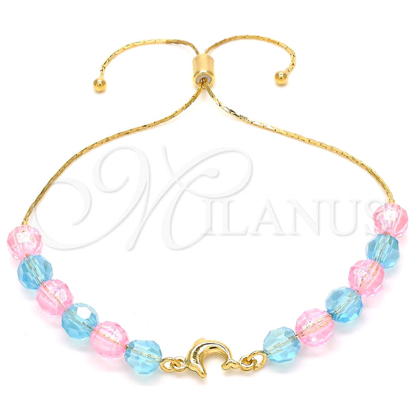 Pulsera Bolo Ajustable 03.32.0235.07 Oro Laminado, Diseño de Delfín y Snake, con Aguamarina and Rosado Cristal, Pulido, Tono Dorado (7 Inches Length)