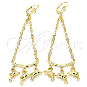 Arete Largo 02.32.0550 Oro Laminado, Diseño de Delfín y Rolo, Pulido, Tono Dorado