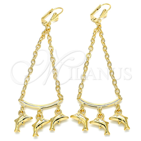 Arete Largo 02.32.0550 Oro Laminado, Diseño de Delfín y Rolo, Pulido, Tono Dorado
