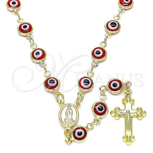 Rosario Mediano 09.63.0107.2.18 Oro Laminado, Diseño de Guadalupe y Crucifijo, Resinado Rojo, Tono Dorado