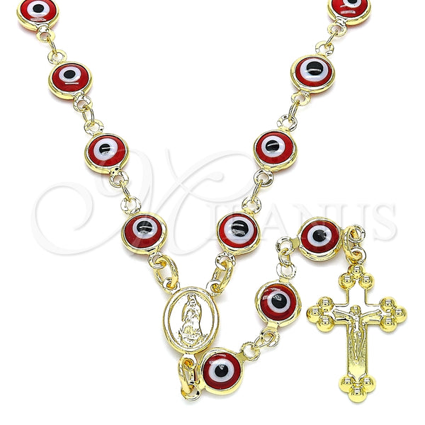 Rosario Mediano 09.63.0107.2.18 Oro Laminado, Diseño de Guadalupe y Crucifijo, Resinado Rojo, Tono Dorado