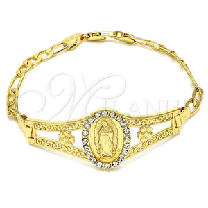 Pulsera Elegante 03.253.0025.1.08 Oro Laminado, Diseño de Guadalupe y Flor, con Blanca Cristal, Pulido, Tono Dorado (05 MM Thickness, 8 Inches Length)