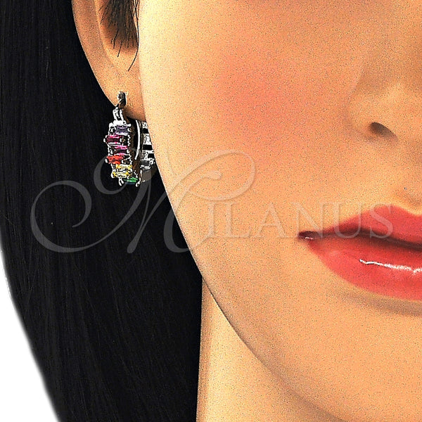 Argolla Pequeña 02.210.0295.9.15 Rodio Laminado, Diseño de Baguette, con Zirconia Cubica Multicolor, Pulido, Rodinado