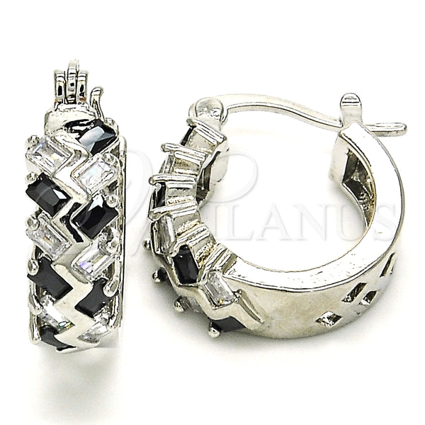 Argolla Pequeña 02.210.0296.8.15 Rodio Laminado, Diseño de Baguette, con Zirconia Cubica Negro y Blanca, Pulido, Rodinado