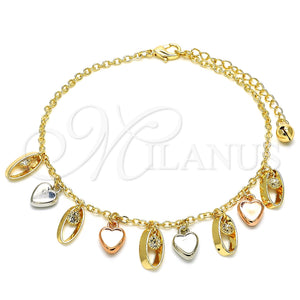 Tobillera de Dije 03.331.0023.10 Oro Laminado, Diseño de Corazón, con Blanca Cristal, Pulido, Tres Tonos (02 MM Thickness, 10 Inches Length)