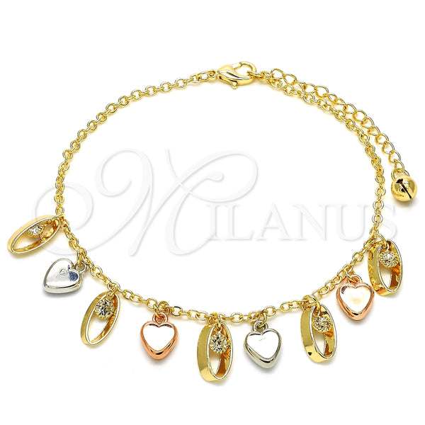 Tobillera de Dije 03.331.0023.10 Oro Laminado, Diseño de Corazón, con Blanca Cristal, Pulido, Tres Tonos (02 MM Thickness, 10 Inches Length)