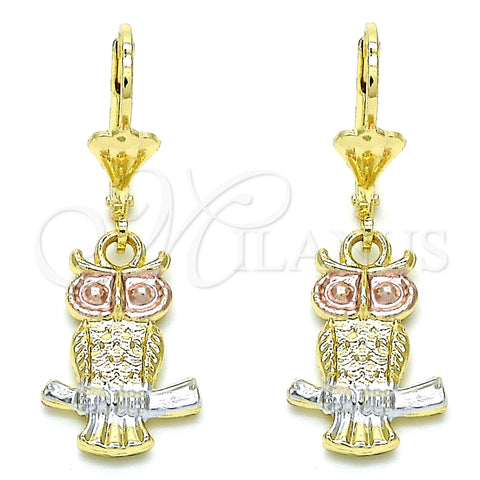 Arete Colgante 02.351.0003 Oro Laminado, Diseño de Búho, Pulido, Tres Tonos