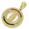 Dije Religioso 05.351.0001 Oro Laminado, Diseño de Guadalupe y Llave Griega, con Multicolor Cristal, Pulido, Tono Dorado