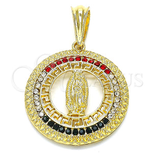 Dije Religioso 05.351.0001 Oro Laminado, Diseño de Guadalupe y Llave Griega, con Multicolor Cristal, Pulido, Tono Dorado
