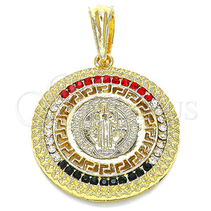 Dije Religioso 05.351.0002 Oro Laminado, Diseño de San Benito y Llave Griega, con Topacio Cristal, Pulido, Tono Dorado