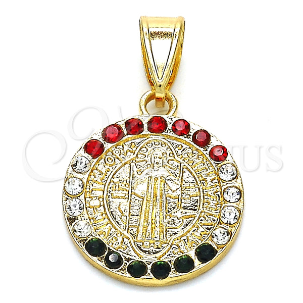 Dije Religioso 05.351.0010 Oro Laminado, Diseño de San Benito, con Multicolor Cristal, Pulido, Tono Dorado