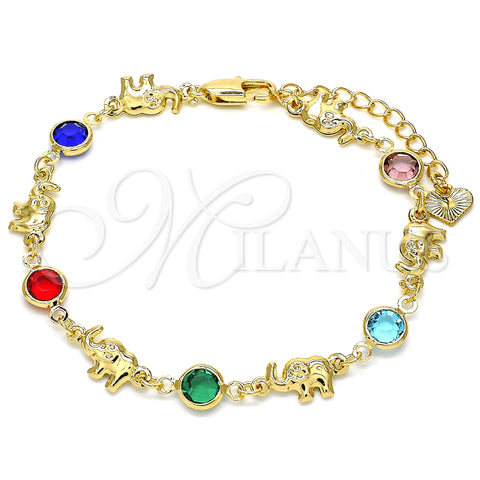 Pulsera Elegante 03.351.0002.07 Oro Laminado, Diseño de Elefante, con Multicolor Cristal, Pulido, Tono Dorado (07 MM Thickness, 7 Inches Length)