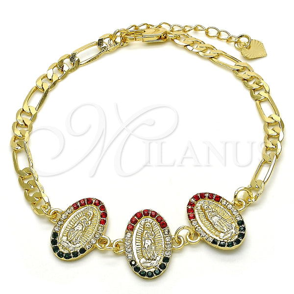 Pulsera Elegante 03.351.0007.1.08 Oro Laminado, Diseño de Guadalupe, con Multicolor Cristal, Pulido, Tono Dorado (05 MM Thickness, 8 Inches Length)