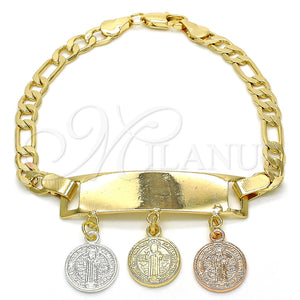 Pulsera de Dije 03.351.0011.08 Oro Laminado, Diseño de San Benito, Pulido, Tres Tonos (05 MM Thickness, 8 Inches Length)