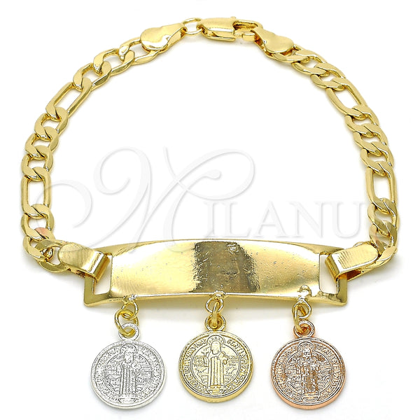Pulsera de Dije 03.351.0011.08 Oro Laminado, Diseño de San Benito, Pulido, Tres Tonos (05 MM Thickness, 8 Inches Length)