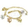 Pulsera de Dije 03.351.0013.07 Oro Laminado, Diseño de Elefante, Pulido, Tres Tonos (05 MM Thickness, 7 Inches Length)