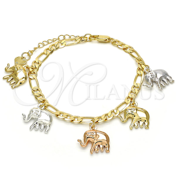Pulsera de Dije 03.351.0013.07 Oro Laminado, Diseño de Elefante, Pulido, Tres Tonos (05 MM Thickness, 7 Inches Length)