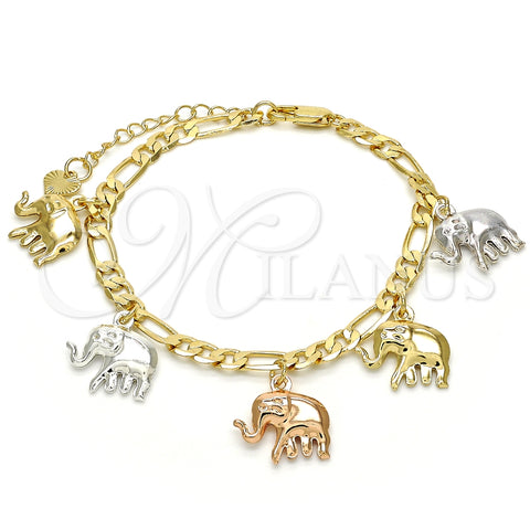 Pulsera de Dije 03.351.0013.07 Oro Laminado, Diseño de Elefante, Pulido, Tres Tonos (05 MM Thickness, 7 Inches Length)