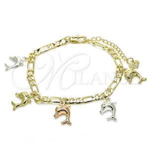 Pulsera de Dije 03.351.0014.07 Oro Laminado, Diseño de Delfín, Pulido, Tres Tonos (05 MM Thickness, 7 Inches Length)