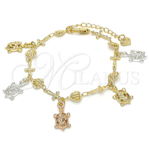 Pulsera de Dije 03.351.0016.07 Oro Laminado, Diseño de Tortuga y Cruz, Pulido, Tres Tonos (07 MM Thickness, 7 Inches Length)