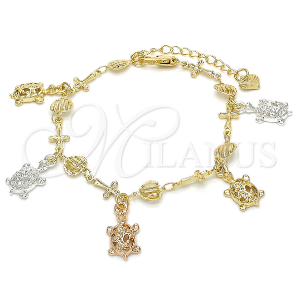 Pulsera de Dije 03.351.0016.07 Oro Laminado, Diseño de Tortuga y Cruz, Pulido, Tres Tonos (07 MM Thickness, 7 Inches Length)