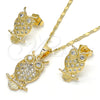Juego de Arete y Dije de Adulto 10.316.0021 Oro Laminado, Diseño de Búho, con Blanca Zirconia Cubica, Pulido, Tono Dorado